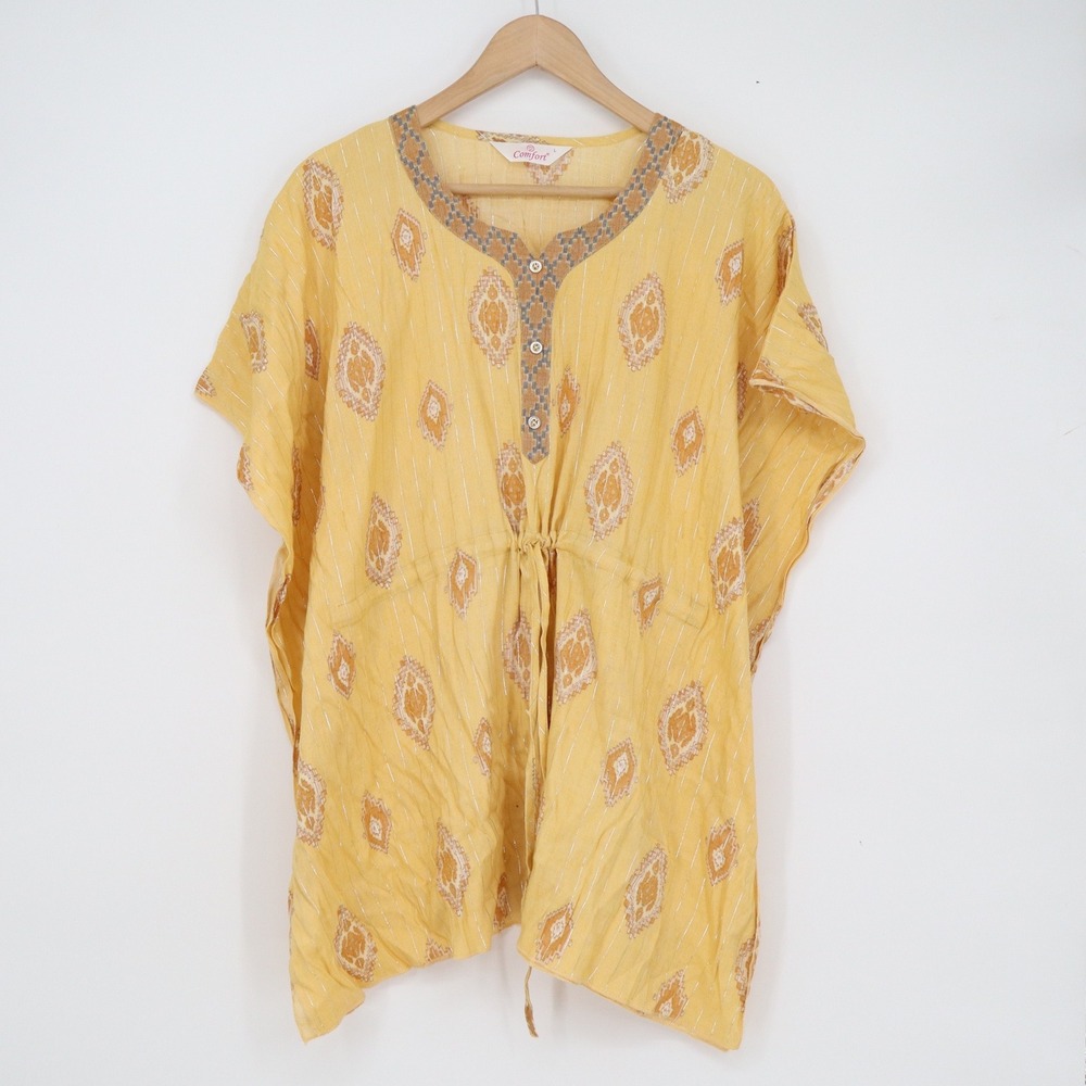 Comfort Yellow Ikat Kaftan Tunic Top Metallic Stripe Drawstring Waist Large